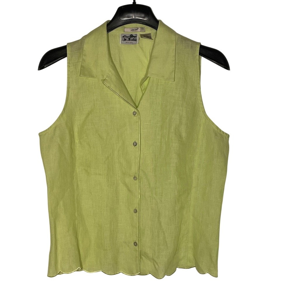 Edward Vintage Irish Linen Button Up Sleeveless Top Scalloped Hem Sz LG